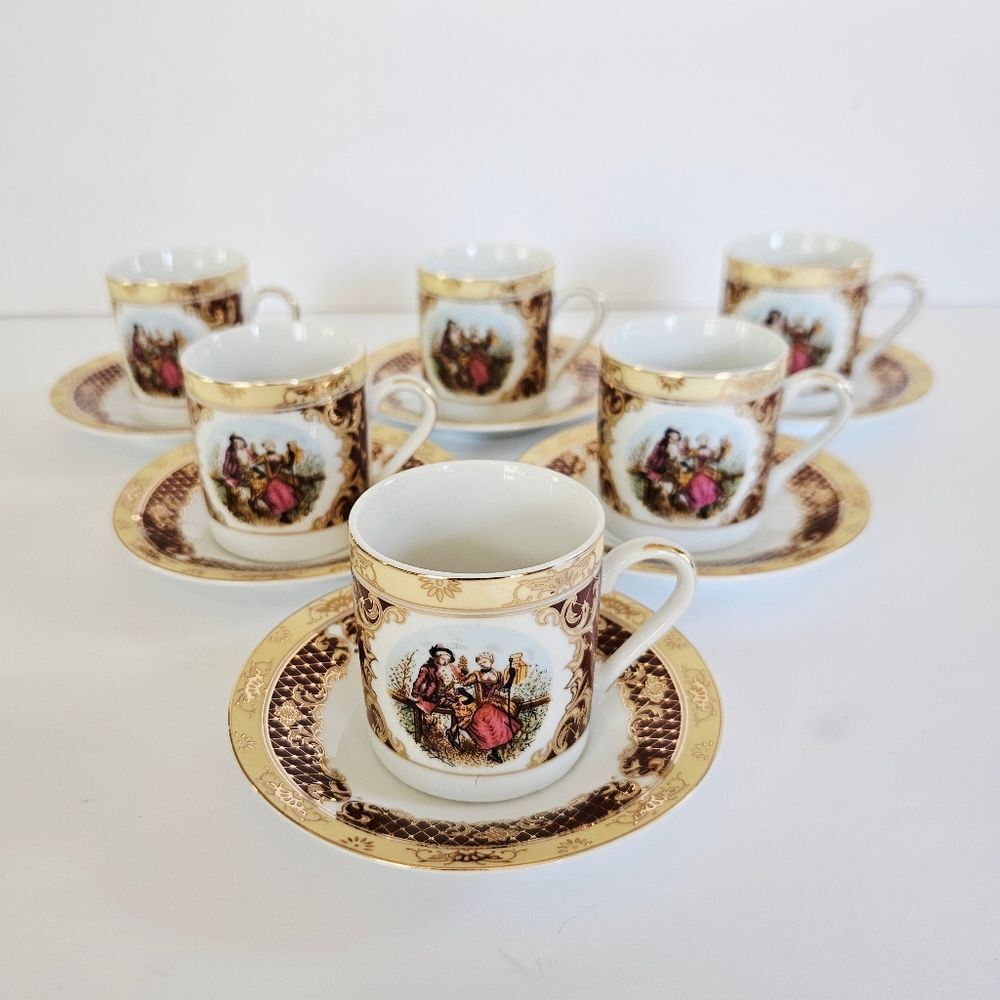 Vintage HI-LUXE Porcelain Hand Painted Espresso Demitasse Cup & Saucer 12pc Set